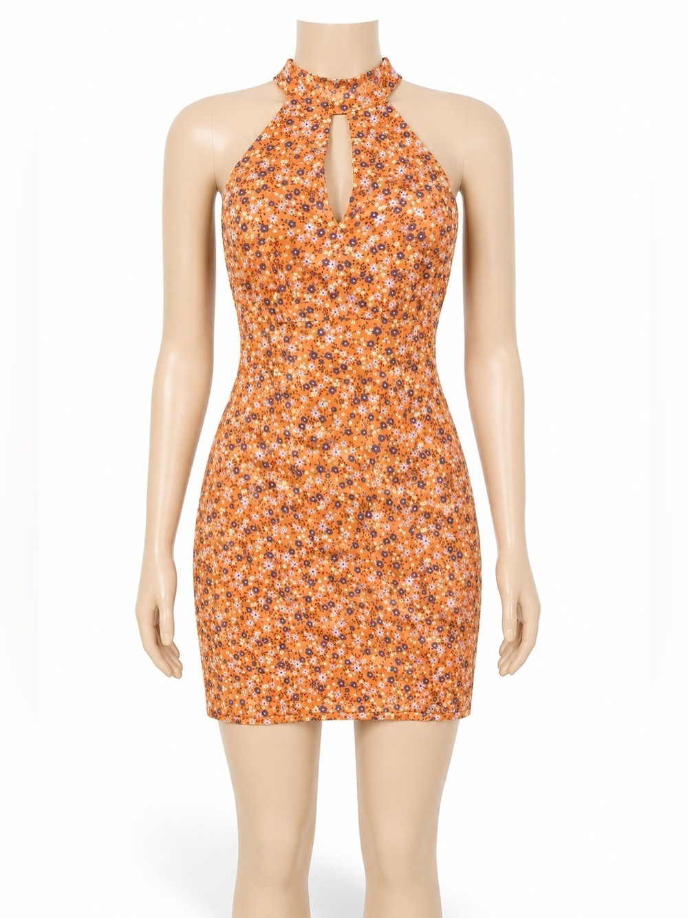 FORE Anthropologie Orange Floral Halter Keyhole Mini Dress Size L